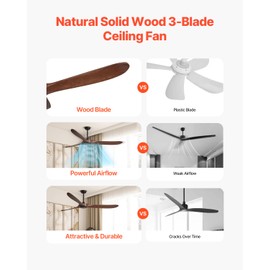 VEVOR 72 Inch Ceiling Fan without Light, 6-Speed Remote Control, 3-Wood-Blade, Reversible DC Motor, Modern Low Profile Flush Mount Exterior Fan for Bedroom, Living Room, Patio, Indoor/Outdoor, Walnut