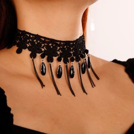 Missgrace Boho Punk Vintage Black Lace Shiny Tassel Choker Necklace for Women Chunky Short Necklace Black Chain Necklace Jewelry for Women