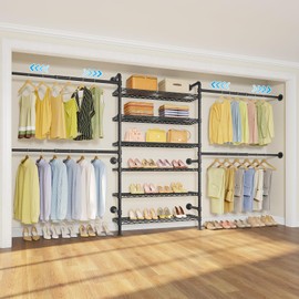 Timate P3 PLUS Closet System, Expandable Wall Mounted Closet with 6 Adjustable Shelves & 4 Expandable Hanger Rods, Industrial Pipe Clothing Rack for Hanging Clothes, Fits Spaces 6'11"- 9'10", Black