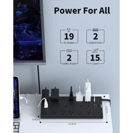 Maxpw Power Strip Surge Protector Outlet Extender with 19 Outlets and 4 USB Ports (2 USB C), 15 Ft Extension Cord & Flat Plug, 2100 Joules, Wall Mount for Home, Office, Dorm, Black