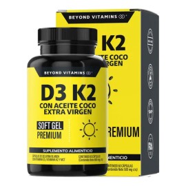Vitamina D3 + Vitamina K2 con Aceite de Coco Extra Virgen | MCT (Trigliceridos) Aceite Coco Capsulas| Cápsula Blanda Premium - Vitaminas Mujer / Hombre - (60 Caps)
