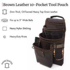 FESA Leather Carpenter Tool Pouch - 10-Pocket Heavy Top Grain Leather Carpenter Pouch with 2 Hammer Loops, Tape Clip, Large & Small Pockets - Fits Work Belts up to 3" - Handcrafted (Brown)
