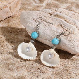 QLUYCKW Natural Seashell Earrings Bohemian Turquoise Pearl Silver Scallop Drop Dangle Earrings Cowrie Summer Beach Vacation Jewelry for Women (Blue Scallops)