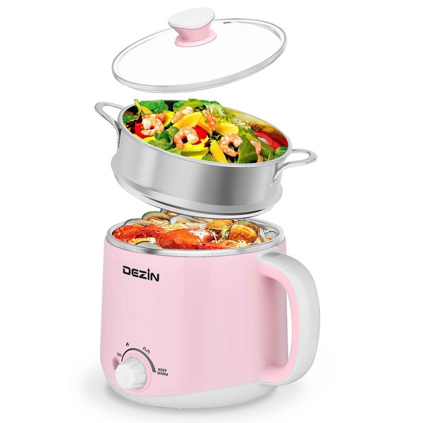 Dezin Hot Pot Electric with Steamer, Rapid Noodles Cooker, Stainless Steel Electric Pot 1.6 Liter, Perfect for Ramen, Egg, Dumpling, Soup, Oatmeal with Temperature Control and Keep Warm Function