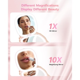 Espejo de maquillaje compacto recargable de 3.9 pulgadas con 3 colores de luz y ampliación 1X / 10X, tira de doble luz regulable, espejo de maquillaje de viaje, mini cartera, espejo de cambiador LED, espejo compacto, rosa claro