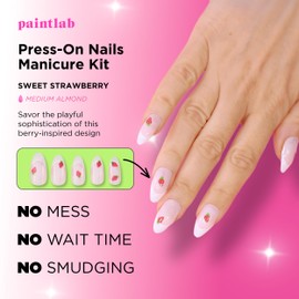 PaintLab Press-On Nails Manicure Kit, Sweet Strawberry, 24-Piece Set, Long-Lasting Fake Nails with Glue, File, Prep Pad & Cuticle Stick