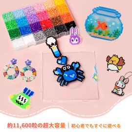 KASELIN Iron Beads, Set of 24 Colors, 0.1 inch (2.6 mm), Approximately 11,600 Seeds, 10 Piece Set (Materials Kit, Beginners Set, Beans, Perler Beads, DIY Handicrafts, Craft Kit, Birthday Gift, Iron