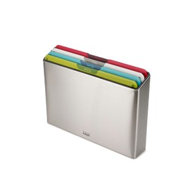 Joseph Joseph Folio Icon Steel 4-Piece Color Coded Cutting Board Set, Slimline Case for Organized Kitchen Storage, Large, Stainless Steel