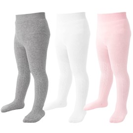 Baby Tights 0-3 Months Girl Seamless Cable Knit Leggings Cotton Stockings Pantyhose for Newborn Infant 3 Pack (White, Grey, Pink, XXS)