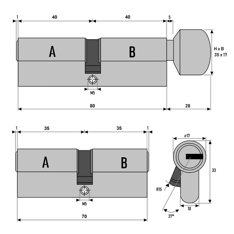 3 x Door Cylinder Lock 70 mm & 80 mm