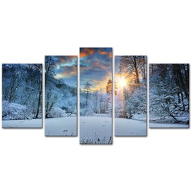 Winter Wall Art Snowfield Modern Canvas Painting Winter Snow Forest Tree Sunrise Sunset Landscape Mountain & Tree Print on Canvas Artwork 5 Pieces Wall Decor (B)