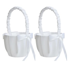White 2Pack Flower Girl Basket Wedding,Satin Flower Basket Wedding Basket Party for Flower Girl