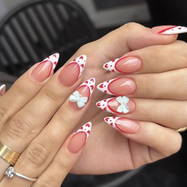 French Tip Heart Press on Nails Medium Almond Shaped Valentine’s Day Fake Nails Full Cover 3D Bow-knot Heart Glue on Nails White French False Nail Tips Cute Valentine Stick on Nails for Women