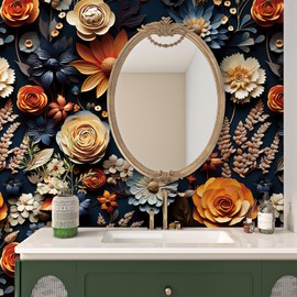 FunStick 17.5"x354" Vintage Dark Blue Floral Contact Paper for Walls Orange Deep Blue Floral Peel and Stick Wallpaper for Bedroom Bathroom Ceiling Waterproof Beige Daisy Roses Flower Wall Paper Mural
