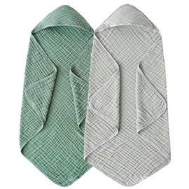 ROXANEPIG 2 Pack Hood Baby Towels, 100% Muslin Cotton Baby Bath Towel with Hood for Babies, Infant, Toddler and Kids, Large 32x32Inch, Soft and Absorbent Newborn Essential (Grey and Dark Green)