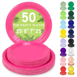 LANLISA - Juego de 50 platos desechables de papel rosa intenso, incluye 25-9 pulgadas y 25-7 pulgadas, platos de papel desechables para pasteles de postre para suministros de fiesta