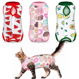 3 Pieces Cat Recovery Suit Kitten Recovery Suit E-Collar Alternative for Cats and Dogs Abdominal Skin Anti Licking Pajama Suit (Watermelon Pattern, Medium)