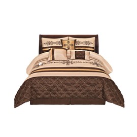 Jenin 7 Pieces Complete Bedding Ensemble Beige Brown Gold Luxury Embroidery Comforter Set Bed-in-a-Bag Bedding- Yasmen King