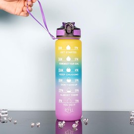 Motivational Time Marked Water Bottle with Straw and strap, 1L, BPA-Free, Leak-Proof, Non-Spillable, Includes Excited Stickers, Plastic, Odour Free, Variant Colours, (Yellow and Purple)