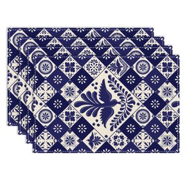 Mexican Fiesta Placemats Set of 4, 12x18 Inch Colorful Talavera Ceramic Tiles Cinco de Mayo Floral Bird Farmhouse Seasonal Spring Holiday Coffee Table Mats for Party Kitchen Dining Decoration