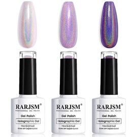 Holographic Gel Nail Polish Set 3PCS Dark Purple Violet Gorgeous Glossy Soak off Nail Gel with Glitter Mermaid Unicorn Effect Lamp Curing Required for Nail Art Design Manicure Salon DIY at Home