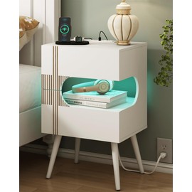 JOONEE White Nightstand with Charging Station and LED Lights,Modern Bedside Table with 2 Storage Drawer,Night Stand with Solid Wood Legs,White (White-2)