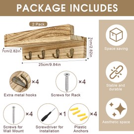 ZYNERY Wall-Mounted Coat Rack with Shelf and 4 Metal Hooks, Wooden Coat Hooks Set of 2, 50CM Wall Floating Shelf with Hat Rack, for Bathroom, Kitchen, Laundry Room, Living Room, Mudroom