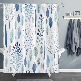 BIVINAR Extra Long Light Blue Leaves Shower Curtain 72 x 84 Inch, Plant Bathroom Shower Curtains, Waterproof Fabric Botanical Shower Curtain
