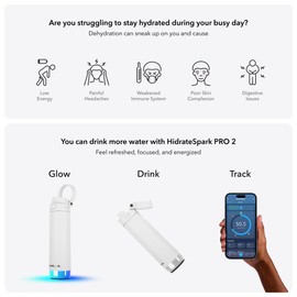 Hidrate Spark PRO 2 Smart Water Bottle – 21 oz Insulated Stainless Steel, Tracks Water Intake, Glows & Beeps For Drink Reminder, Bluetooth Sync to App, Chug Lid, BPA-Free, White (with Apple Find My)