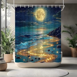 RJSMRJ Beach Moonlight Shower Curtain Ocean Coastal Blue Gold Fantasy Starry Night Sky Sea Waves Full Moon Nature Scenery Bathroom Curtains Set Polyester Fabric with Hooks 70" W x 70" L