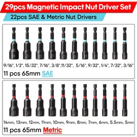 SHALL 29PCS Magnetic Nut Driver Set, Impact Drill Driver Bit 1/4" Hex Shank, SAE & Metric Cr-V Steel Power Nut Drivers with Quick-release Extensions, Impact Socket Adapters, Bit Holder and Storage Bag