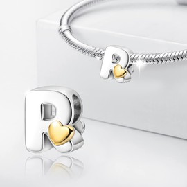 PARCOM S925 Sterling Silver Charms for Bracelets and Necklaces,Letter Charms A-Z for Bracelet Necklace with Golden Heart Initial Beads Pendant Jewelry Bracelets for Women Birthday Ceremony Christmas