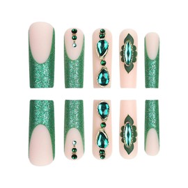 RUOKEXIN Long Square Press on Nails French Tip Fake Nails Green Glitter False Nails with Rhinestones Designs Long Glue on Nails Sparkly Artificial Nails Cute Stick on Nails for Women 24Pcs
