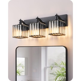EDISHINE Bathroom Vanity Light Fixtures, 3-Light 20.47'' Crystal Bathroom Lighting Fixtures Over Mirror, Modern Wall Sconce for Powder Room, Bedroom, E26 Base, Black