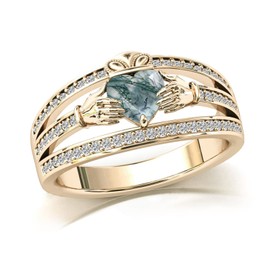 Claddagh Ring for Women 925 Sterling Silver Irish Claddagh Engagement Weeding Ring Band with Natural Moss Agate,#8
