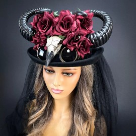 Beyond Masquerade Ram Horns Steampunk Costume Hat Headpiece Red Rose Top Hat Plague Doctor Bird Be