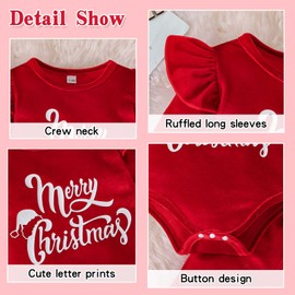 Kunyeah 3PCS Baby Girl Christmas Outfits My 1st Christmas Clothes Infant Velvet Romper Tops+Bell Bottoms Pants +Xmas Hat (Red, 12-18 Months)