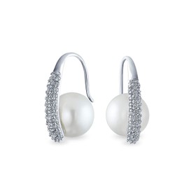 Bridal White Simulated Pearl Earrings For Women Fish Wire Pave CZ Rhodium Plated Brass 10mm