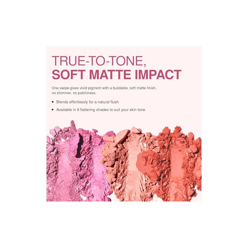 Palladio Matte Blush, se aplica suavemente sobre las mejillas, apariencia