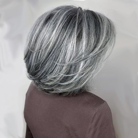 DEYNGS Pixie Cut Layered Wavy Wig with Curtain Bangs for Women Silver Gray Layered Bob Wig Synthetic Light Grey Ombre Highlight Bob Wig for Black Women for Daily Party Use Light Grey (GRAY/60#)