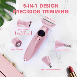 Karrte 5-in-1 Electric Razor for Women's Pubic Hair, Painless Body Shaver and Facial Epilator, Hair Removal for Face, Bikini Trimmer for Women's Private Area Pink