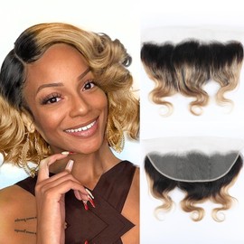 13x4 Lace Frontal Closure 1B/27 Body Wave Swiss Transparent Ear To Ear Lace Frontals 100% Remy Human Hair 150% Density Hair Extension Black Ombre Blonde Color 14 Inch