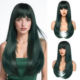 YUCCAHA Synthetic layered Wig with Bangs for Women Wear and Go glueless Wig 26 Inch Middle Part Long Straight Colorful Costume Wigs Heat-Resistant Fiber for Daily Party Use (Ombre Green, 26)