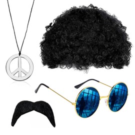 VIKSAUN Hippie Costume Set, Funky Afro Wig, Sunglasses, Moustache and Peace Sign Necklace, for 50/60/70s Theme Party, Mens & Womens Pop Hippie 70s Disco Fever Hair, Wig Costume Accessory (4 Psc)