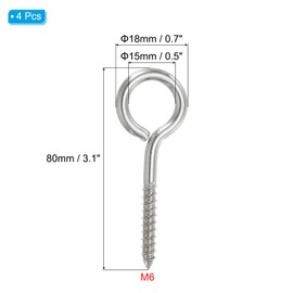 PATIKIL Screw Eyes 1/4 x 3.1 Inch / M6x80mm, 4 Pcs 304 Stainless Steel Eye Screw Hooks Self Tapping Eye Bolt for Wood Securing Cables Wire, Indoor & Outdoor Use, Silver