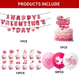 Valentine's Day Hot Pink Heart Love Party Decoration Supplies Set 32Pcs Include Banners Balloons Cupcake Toppers for Boys Girls Party Favor Decor Gifts