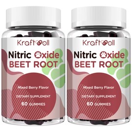 Kraftvoll Nitric Oxide Beet Root Gummies 6000MG - Sugar-Free, Mixed Berry Flavor with Grapeseed Powder, Pomegranate, Vitamin C & B12 - Pre-Workout Energy - 60 Gummies (2 Bottles)