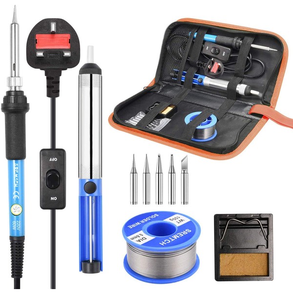 Soldering Iron Kit, SREMTCH 60W / 220V Electronic Soldering Iron with ON/Off Switch Adjustable Temperature knob 200-450 ° C, 100g Wire, 5 Soldering Tips, Desoldering Pump, Stand with Sponge, PU Bag