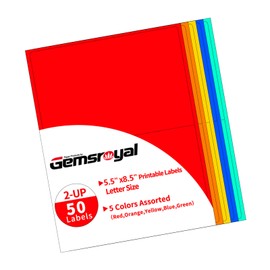 Gemsroyal Colored Half Sheet Labels Printable 5.5"×8.5",5 Colors Assorted(Red,Orange,Yellow,Blue,Green),25 Sheets,Color Half Page Stickers for Laser/Inkjet Printers,Colorful Large Labels,Letter Size