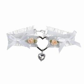 Dishowme Crystal Heart Flower Choker Necklace Vintage Lace Bow Collar Necklace Chain Rhinestone Sweet Lolita Jewelry for Women (White)